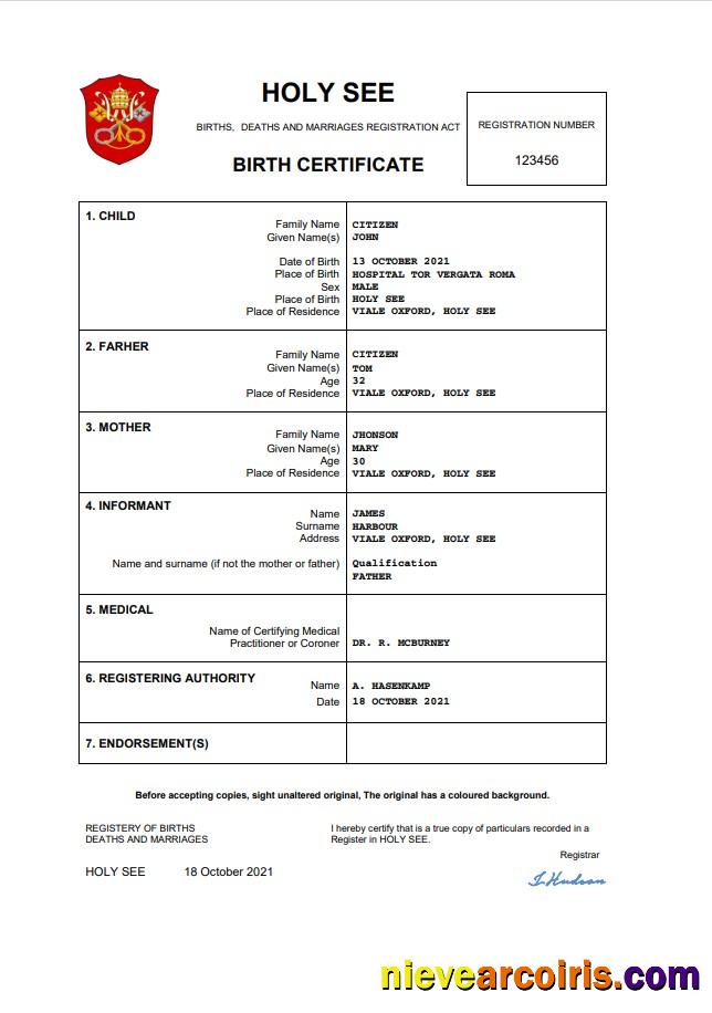 Holy See vital record birth certificate